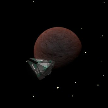 Screenshot of a heavy mining starship (XIC Drillship) in front of a planet